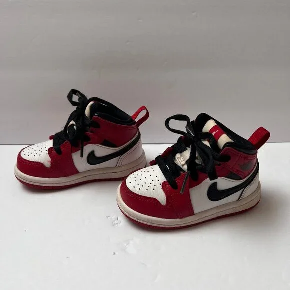 Kids Jordan 1 Red White with Black Swoosh Shoes Size 5C Black Laces - Picture 3 of 12